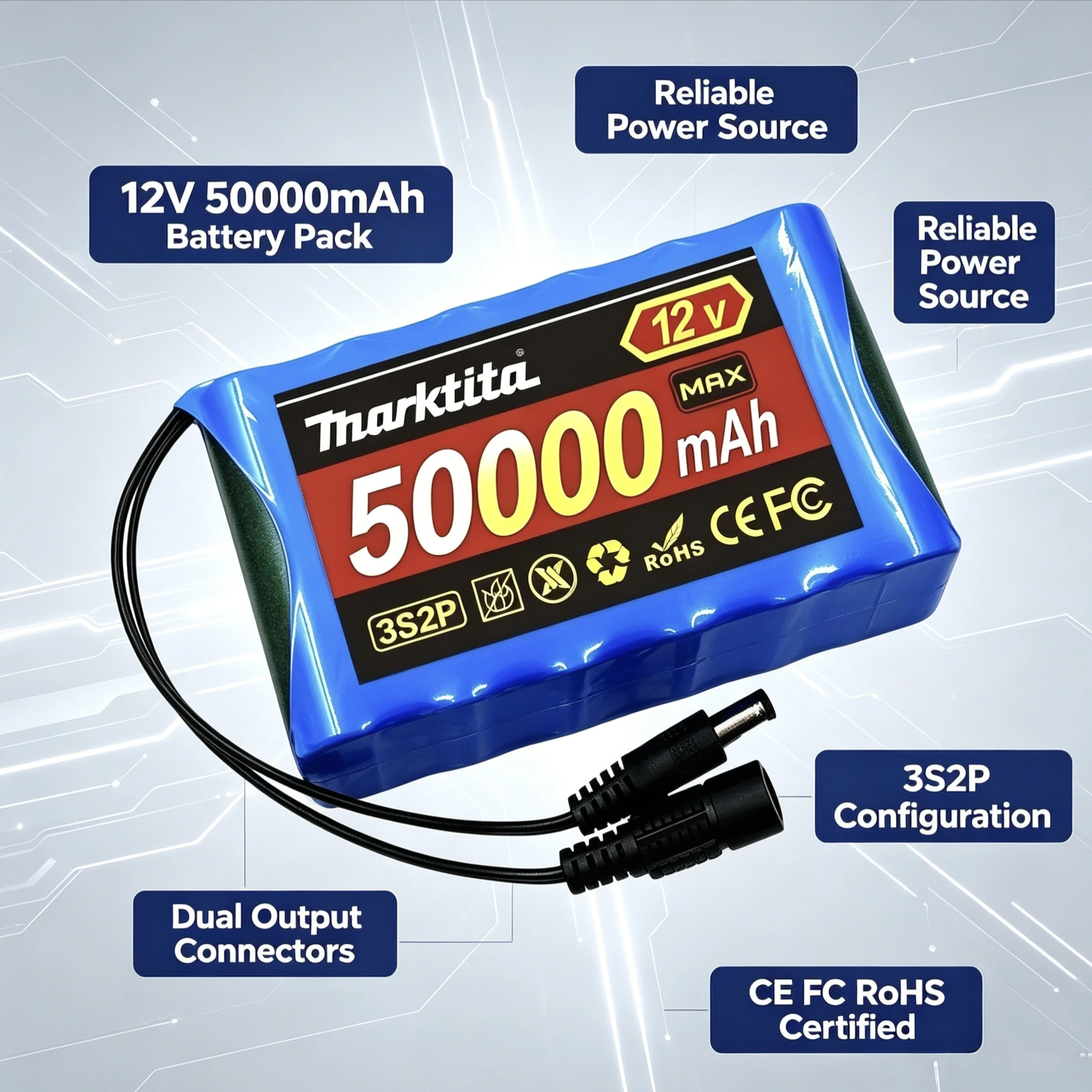 3S2P 12V 50000mAh 18650 Li-ion Battery Pack Built-in BMS Protection Board Rechargeable With Charger For Electronic Devices
3S2P 12V 50000mAh 18650 Li-ion Battery Pack Built-in BMS Protection Board Rechargeable With Charger For Electronic Devices