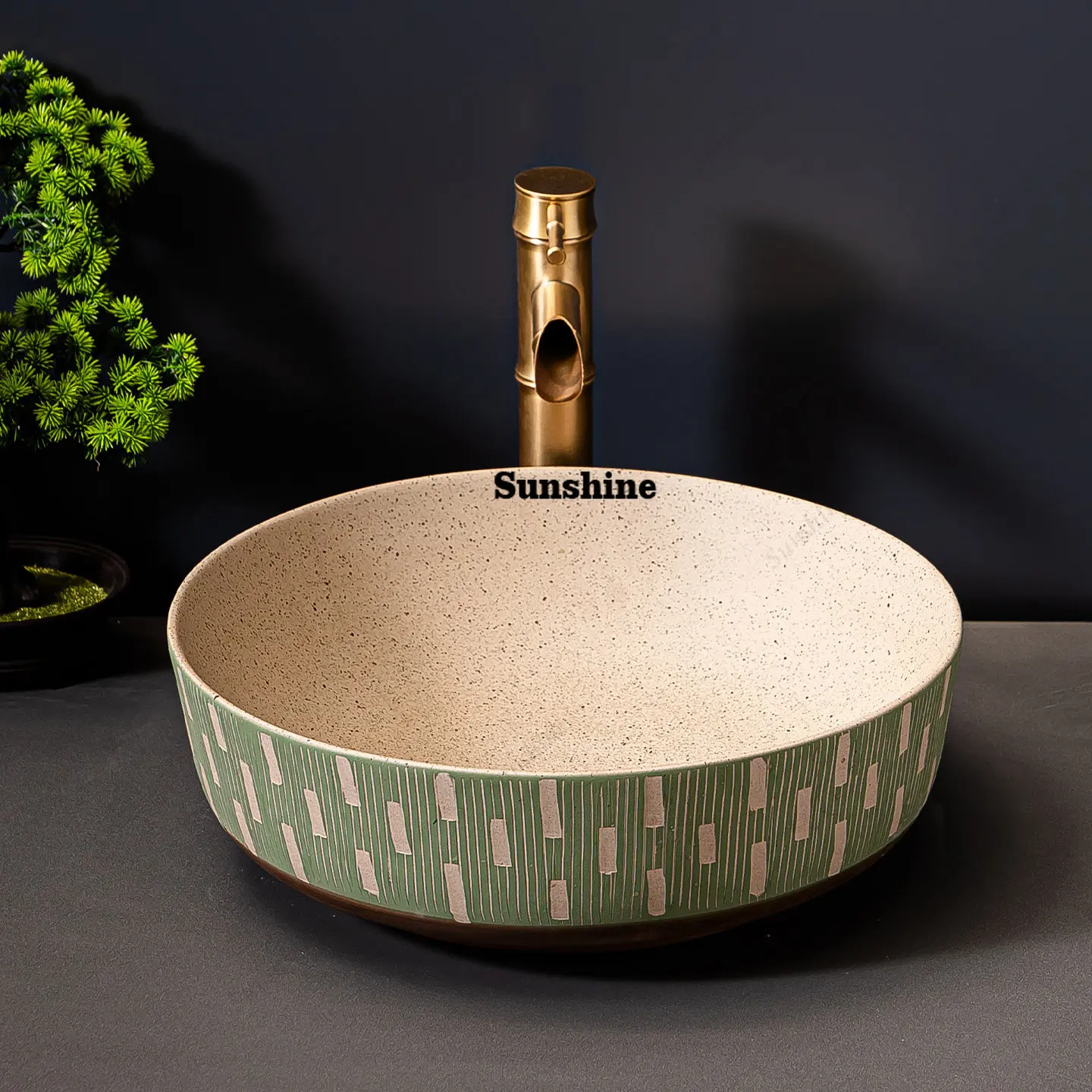 Ceramic round table basin, green striped wash basin, bathroom wash basin
Ceramic round table basin, green striped wash basin, bathroom wash basin