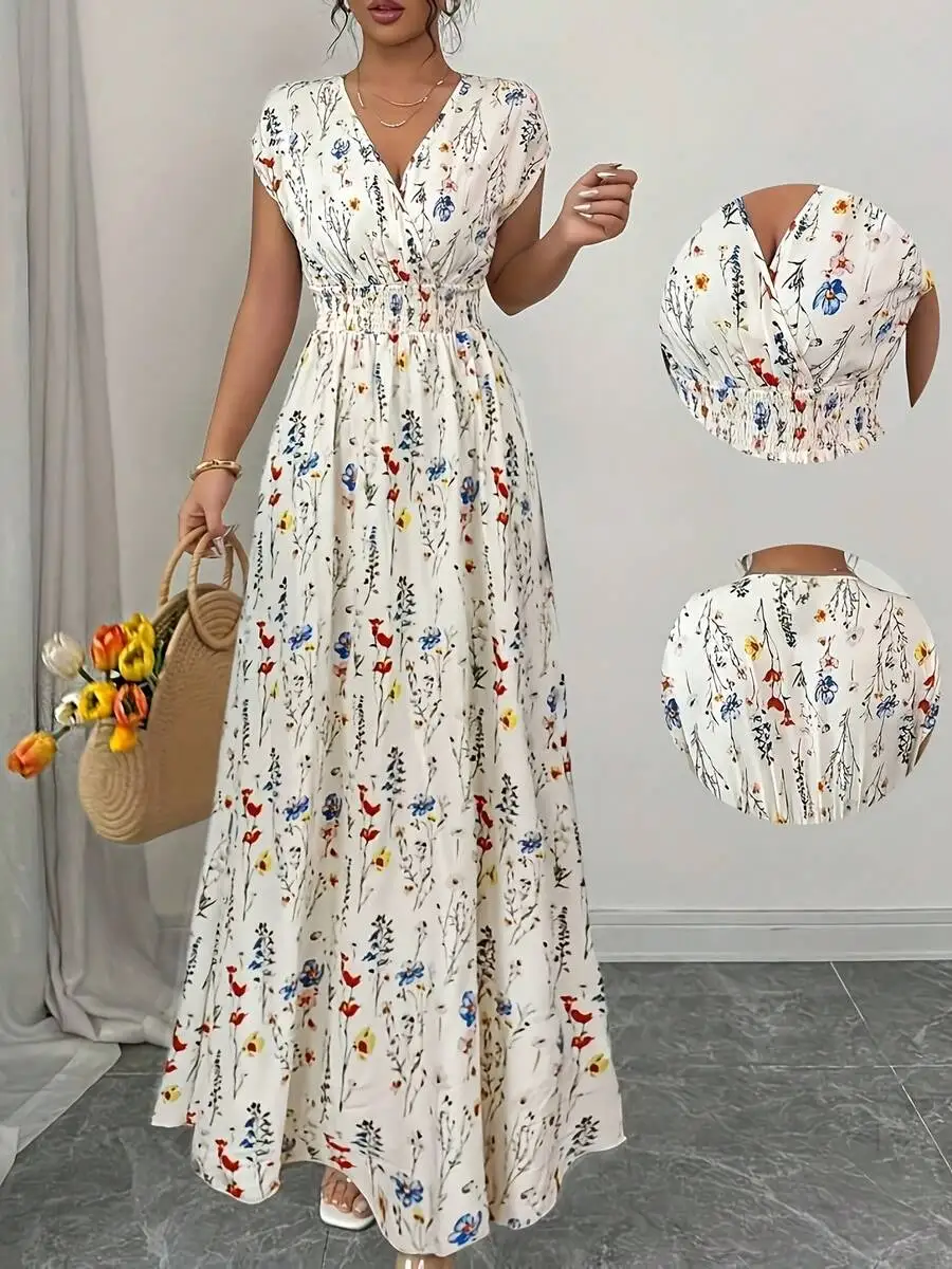 Elegant V-Neck Floral Print Waist-Cinching Long Dress For Women Spring Summer
Elegant V-Neck Floral Print Waist-Cinching Long Dress For Women Spring Summer