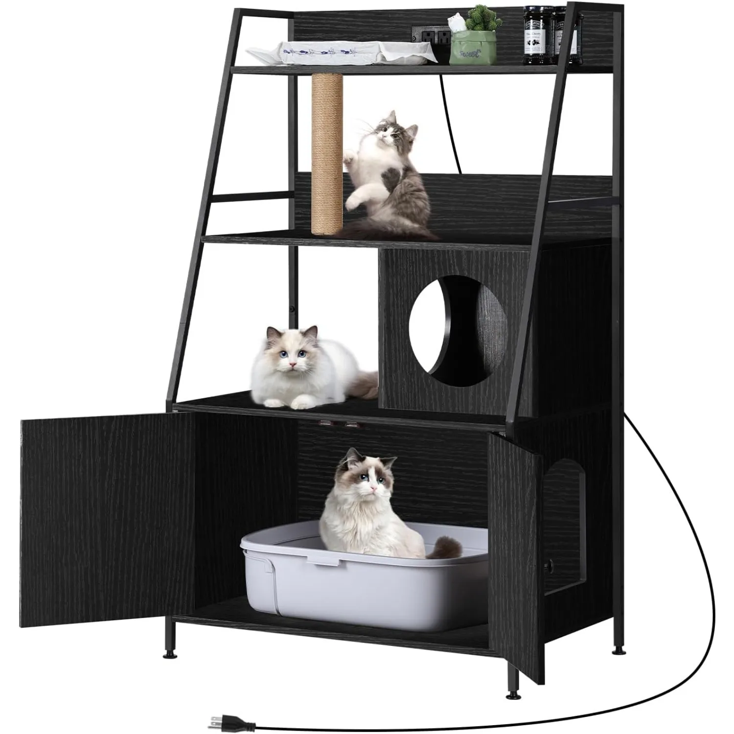 Cat Litter Box Enclosure w/Charging Station & Shelves - Tall Hidden Furniture Universal Fit Indoor, Storage Cabinet (Black)
Cat Litter Box Enclosure w/Charging Station & Shelves - Tall Hidden Furniture Universal Fit Indoor, Storage Cabinet (Black)