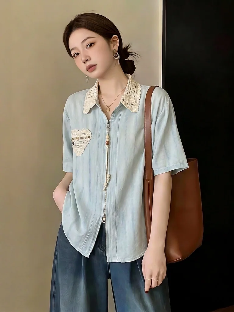 Light Blue Crochet Hollow Shoulder Short Sleeve Women's Shirt Summer New plus Size Slimming Double Zipper Top Korean Style
Light Blue Crochet Hollow Shoulder Short Sleeve Women's Shirt Summer New plus Size Slimming Double Zipper Top Korean Style