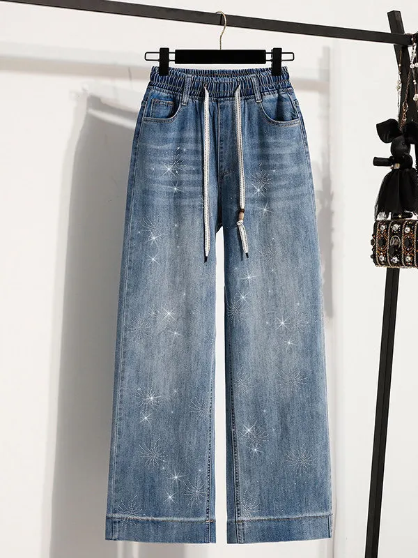 Fashionable Rhinestone Floral Wide Leg Denim Jeans Women's Spring Elastic Waist Rope Straight Tube Long Pants Slimming Effect
Fashionable Rhinestone Floral Wide Leg Denim Jeans Women's Spring Elastic Waist Rope Straight Tube Long Pants Slimming Effect