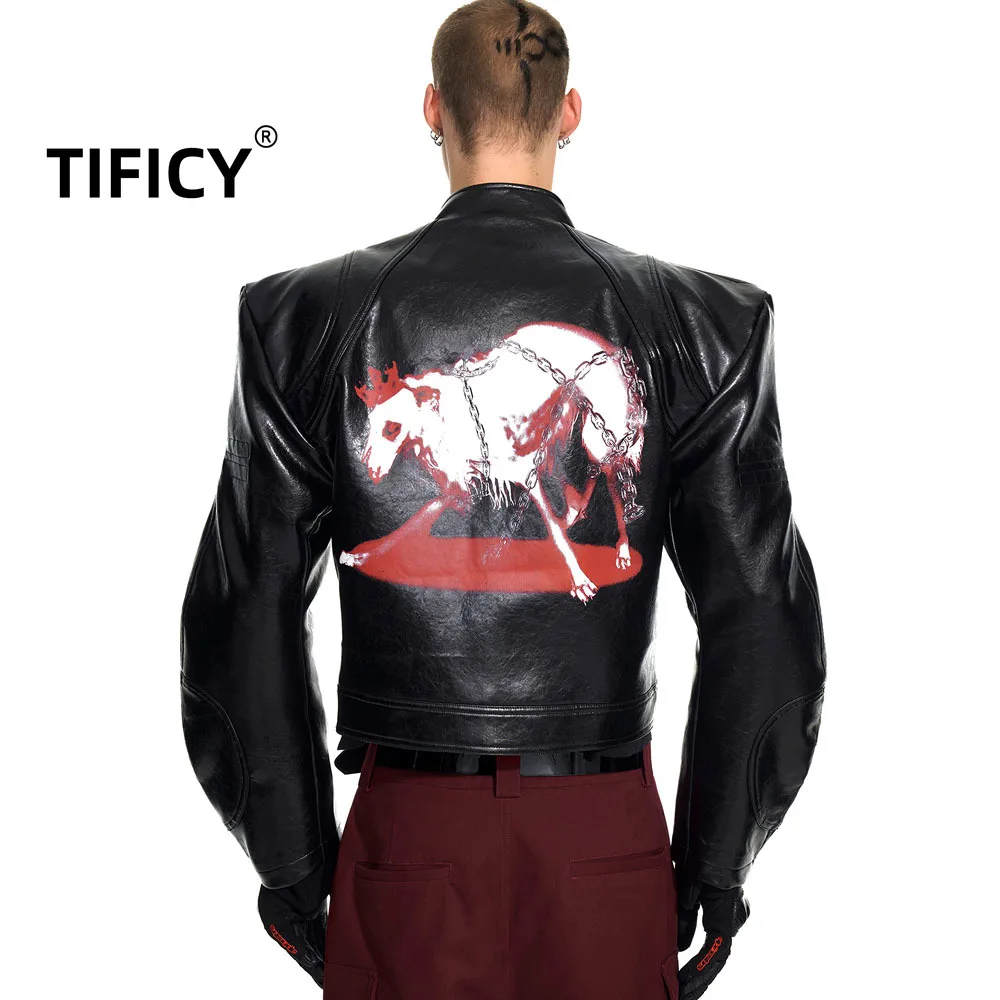 High Street Black Short Leather Jacket with Animal Print on The Back Men's Autumn Curved Sleeve Stand Up Collar Leather Jacket
High Street Black Short Leather Jacket with Animal Print on The Back Men's Autumn Curved Sleeve Stand Up Collar Leather Jacket