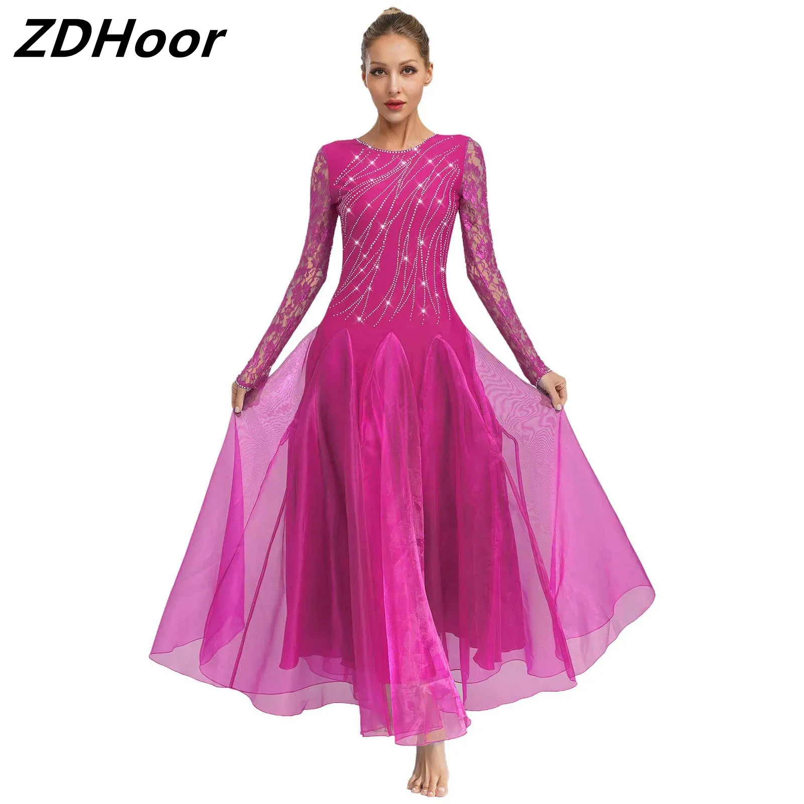 Women Flared Ballroom Dance Dresses Glittery Rhinestones Floral Lace Long Sleeves Round Neck V-Back Wide Hemline Dress
Women Flared Ballroom Dance Dresses Glittery Rhinestones Floral Lace Long Sleeves Round Neck V-Back Wide Hemline Dress
