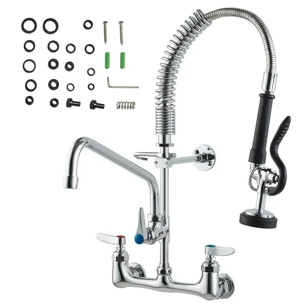 Wall-Mounted Brass Kitchen Faucet, 21' Tall, 8' Installation Width, Includes 12' Rotating Spout and
Wall-Mounted Brass Kitchen Faucet, 21' Tall, 8' Installation Width, Includes 12' Rotating Spout and