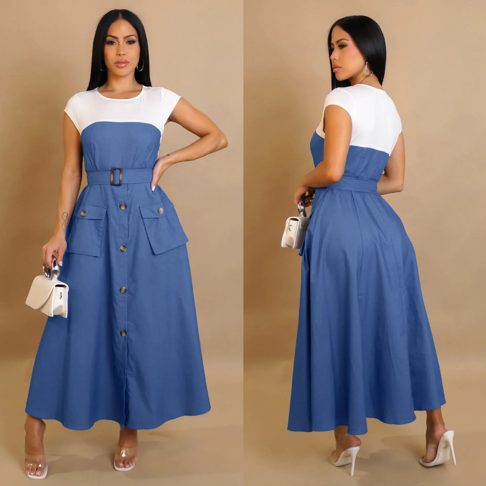 Elegant Fashionable Denim Patchwork Color-Block Workwear with Pocket dress A-Line Silhouette Cinched Waist Design for Women
Elegant Fashionable Denim Patchwork Color-Block Workwear with Pocket dress A-Line Silhouette Cinched Waist Design for Women