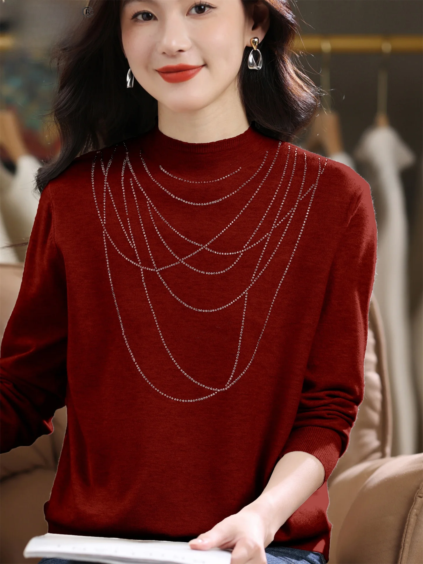 Faionable Knitted Sweater Women's Mid-Aged And ly Slimming Diamond-Encrusted f-High Collar Loose Top for Autumn Winter
Faionable Knitted Sweater Women's Mid-Aged And ly Slimming Diamond-Encrusted f-High Collar Loose Top for Autumn Winter