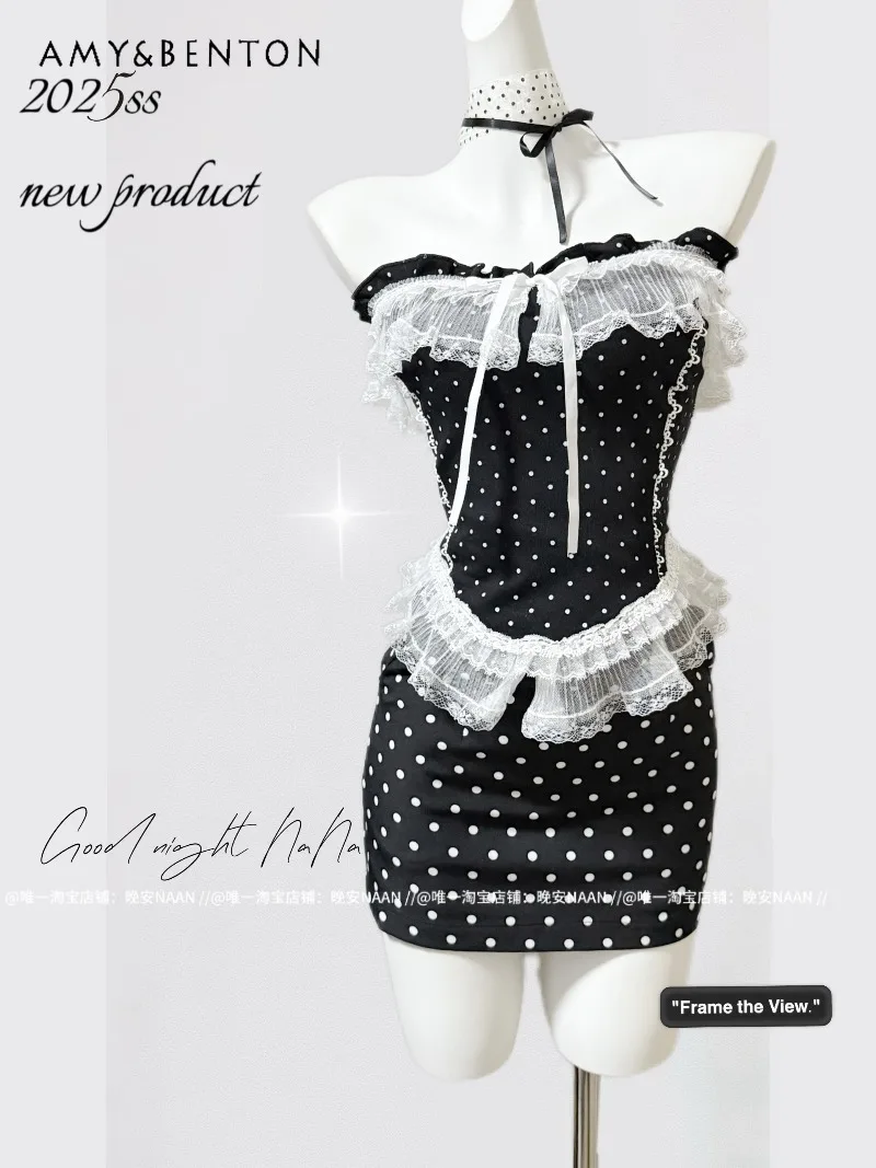 French Elegant Princess Skirt Sets Vintage Polka Dot Lace Patchwork Strapless Top High-waisted Sexy Mini Skirt Two-piece Set
French Elegant Princess Skirt Sets Vintage Polka Dot Lace Patchwork Strapless Top High-waisted Sexy Mini Skirt Two-piece Set