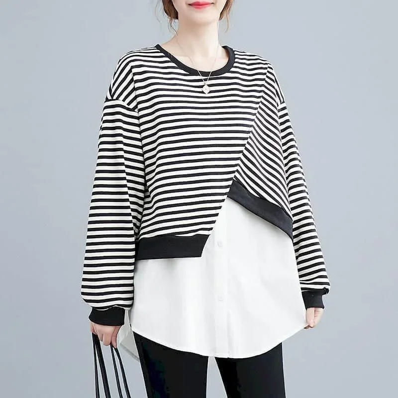 Pop O-neck Pullovers Fake Two Pieces Patchwork Casual Oversized Korean Style Long Sleeve Streetwear Women Autumn Aesthetic Cloth 
Pop O-neck Pullovers Fake Two Pieces Patchwork Casual Oversized Korean Style Long Sleeve Streetwear Women Autumn Aesthetic Cloth
