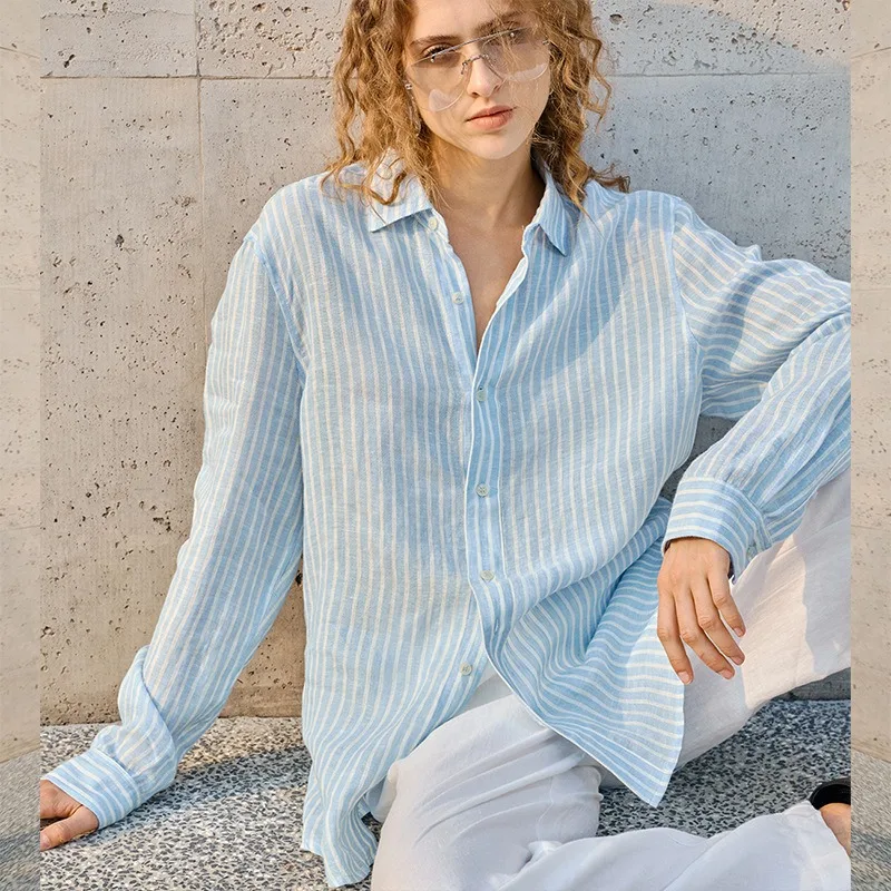 100% Linen Premium Striped Women's Shirt New Spring Summer Long-Sleeve Lapel Collared Top Casual Loose Office Ladies Shirts
100% Linen Premium Striped Women's Shirt New Spring Summer Long-Sleeve Lapel Collared Top Casual Loose Office Ladies Shirts