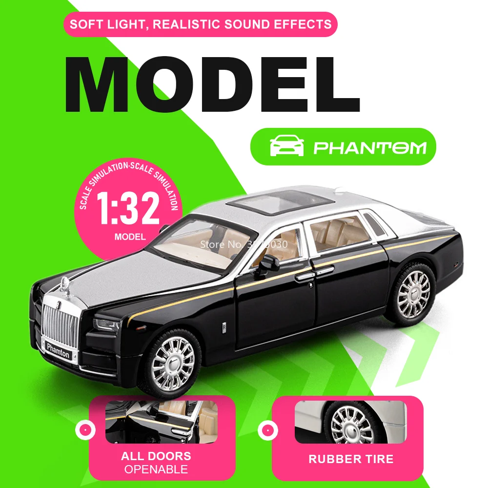 1:32 Phantom Alloy Car Diecast Miniature Toy Model with Sound and Light Doors Opened Pull Back Vehice Birthday Gift for Children
1:32 Phantom Alloy Car Diecast Miniature Toy Model with Sound and Light Doors Opened Pull Back Vehice Birthday Gift for Children
