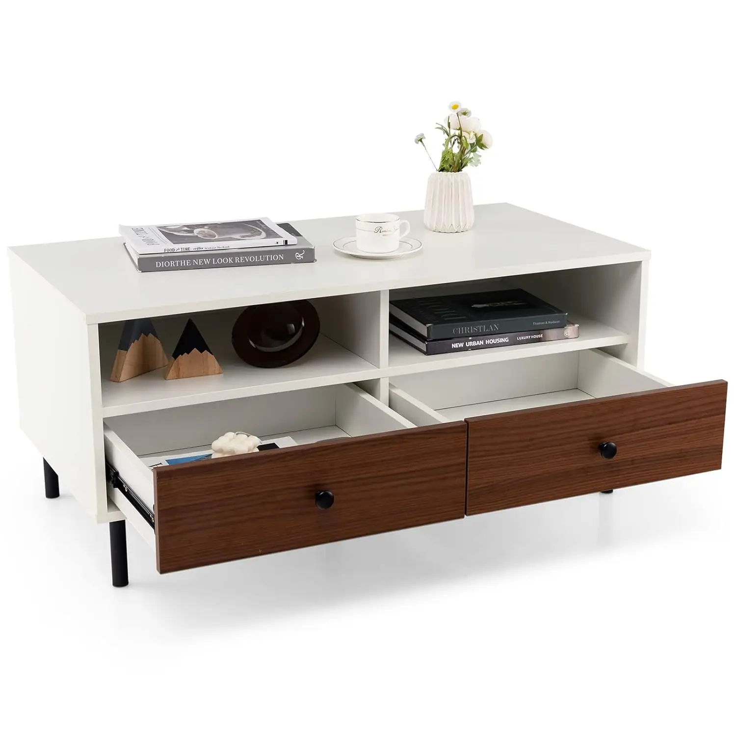 Coffee Table with 2 Drawers & Open Shelves, 2-Tier Center Table with Large Tabletop & 5 Steel Support Legs, Modern, Customized
Coffee Table with 2 Drawers & Open Shelves, 2-Tier Center Table with Large Tabletop & 5 Steel Support Legs, Modern, Customized