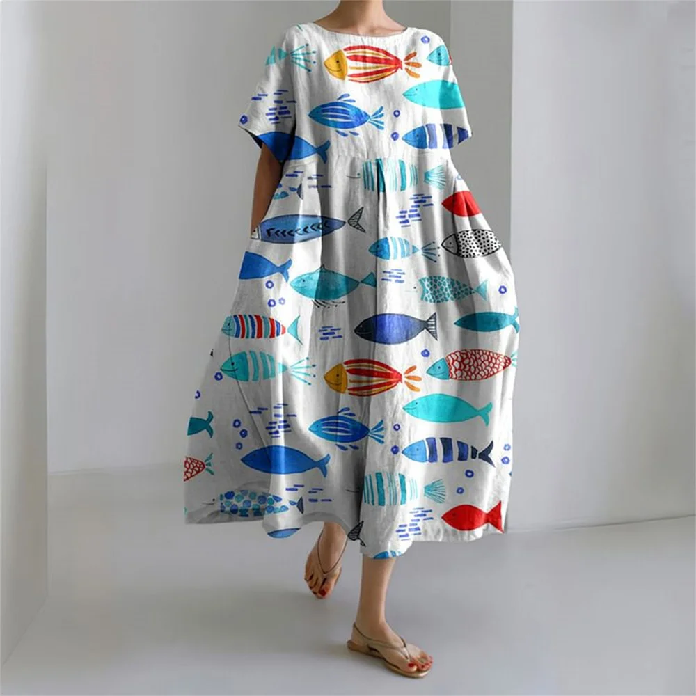 Cartoon fish print short sleeve long dress ladies big waist loose neck pocket dress Summer new women casual elegant dress
Cartoon fish print short sleeve long dress ladies big waist loose neck pocket dress Summer new women casual elegant dress