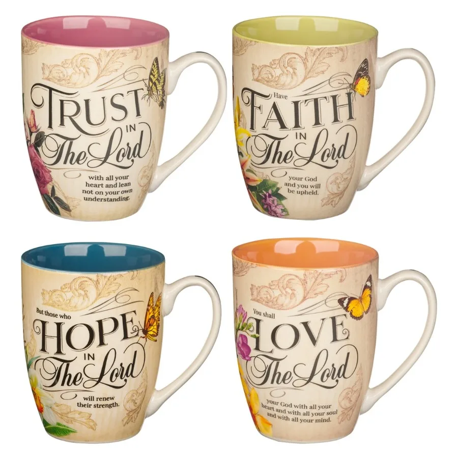 Novelty Floral Ceramic Scripture Coffee and Tea Mug Set: Hope Trust Faith Love - 4 Fancy Medium 12 oz. Cups w Butterflies and B
Novelty Floral Ceramic Scripture Coffee and Tea Mug Set: Hope Trust Faith Love - 4 Fancy Medium 12 oz. Cups w Butterflies and B