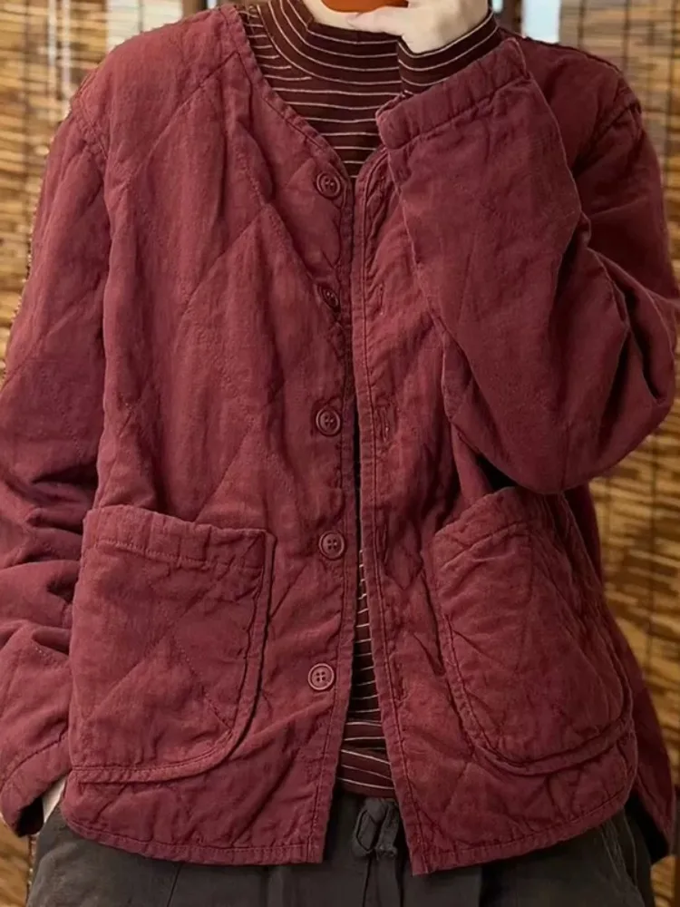 Retro Washed Linen Cotton Jacket Women Winter Lightweight Thickened Warm round Neck Color Cotton Coat Pure Color
Retro Washed Linen Cotton Jacket Women Winter Lightweight Thickened Warm round Neck Color Cotton Coat Pure Color