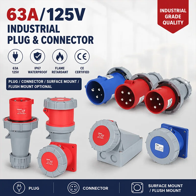 Industrial Plug Socket 63A 125A 3P 4P 5P IP67 Waterproof Surface Wall Mounted Female Connector Male Heavy Duty Aviation Plugs
Industrial Plug Socket 63A 125A 3P 4P 5P IP67 Waterproof Surface Wall Mounted Female Connector Male Heavy Duty Aviation Plugs