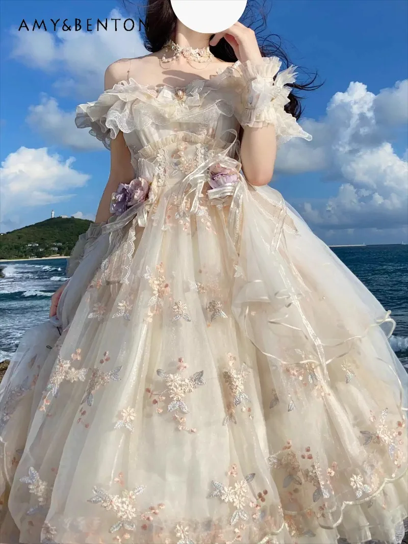 Elegant Fairy Style Lolita Dress Sweet Cute Bow Beaded Pearl Strap JSK High Waist Slim Mid-Length Dress Evening Gown 
Elegant Fairy Style Lolita Dress Sweet Cute Bow Beaded Pearl Strap JSK High Waist Slim Mid-Length Dress Evening Gown