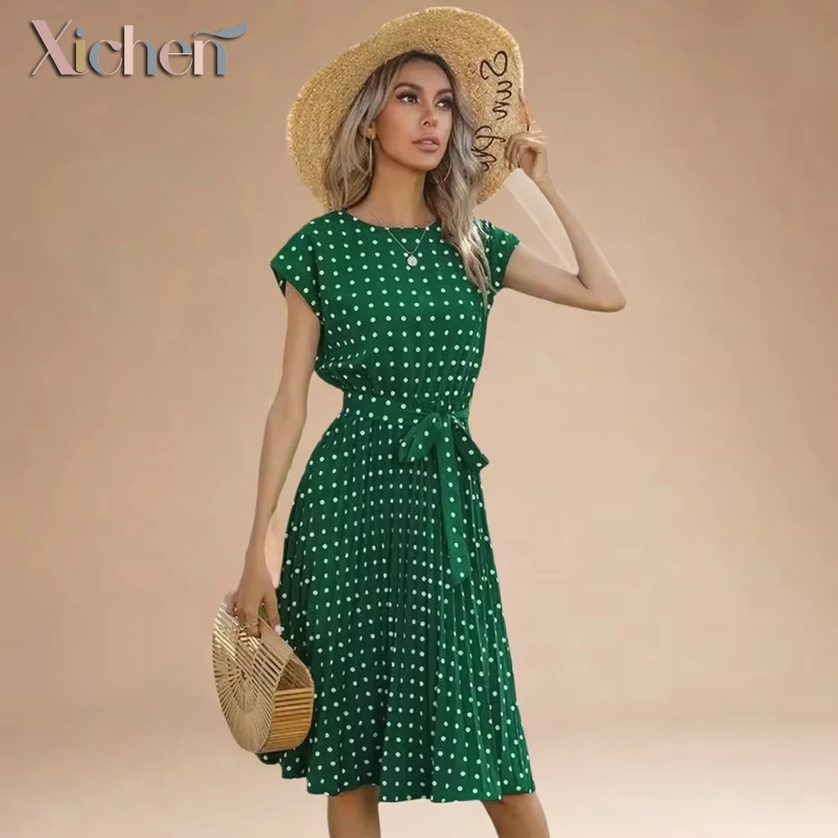 "Elegant vintage Polka Dot Dress with Adjustable Waist Belt & pleated Skirt - 100% Polyester Wrinkle-Free Summer Casual Dress
"Elegant vintage Polka Dot Dress with Adjustable Waist Belt & pleated Skirt - 100% Polyester Wrinkle-Free Summer Casual Dress