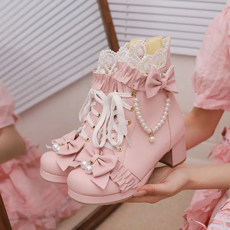Gothic Style Lolita Women Ankle Boots Lace Decor Lace Up Back Zipper Chunky High Heels Bow Cosplay Summer Booties
Gothic Style Lolita Women Ankle Boots Lace Decor Lace Up Back Zipper Chunky High Heels Bow Cosplay Summer Booties