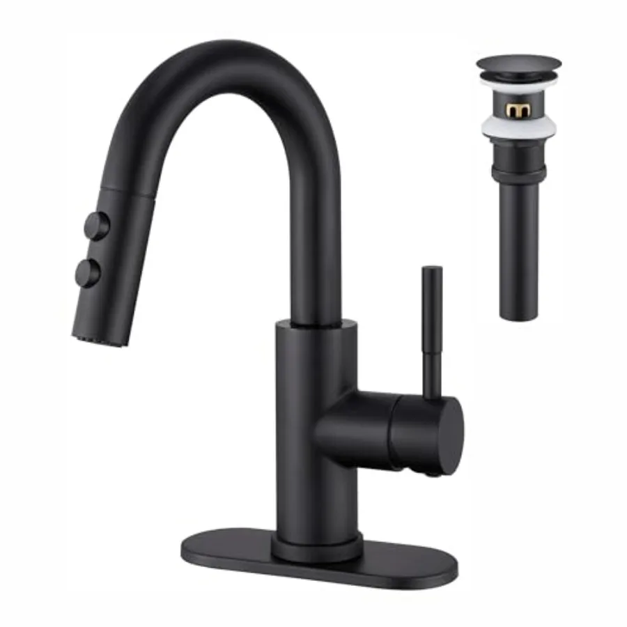 Матовый черный смеситель для раковины с одной ручкой и выдвижным распылителем, с выдвижным сливом, для 1 или 3 отверстий, для прачечной или барной стойки, KBL-7002B-
Матовый черный смеситель для раковины с одной ручкой и выдвижным распылителем, с выдвижным сливом, для 1 или 3 отверстий, для прачечной или барной стойки, KBL-7002B-