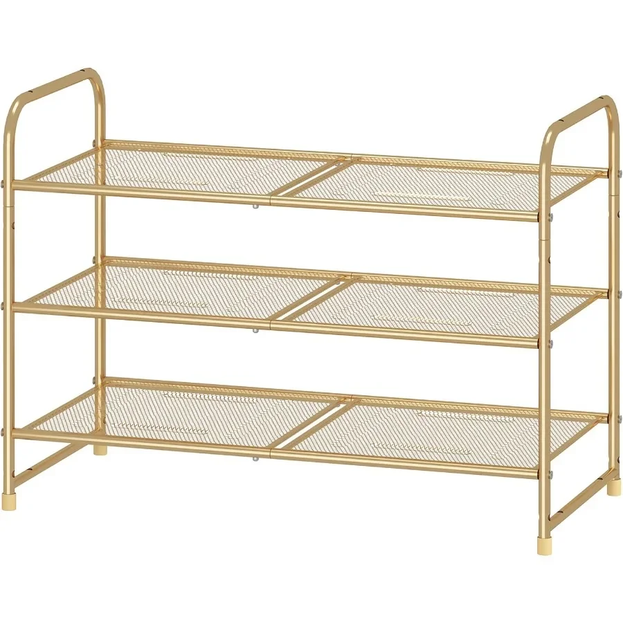 3Tier Stackable Shoe Rack Expandable Adjustable Shoe Shelf Storage Organizer Metal Mesh Gold
