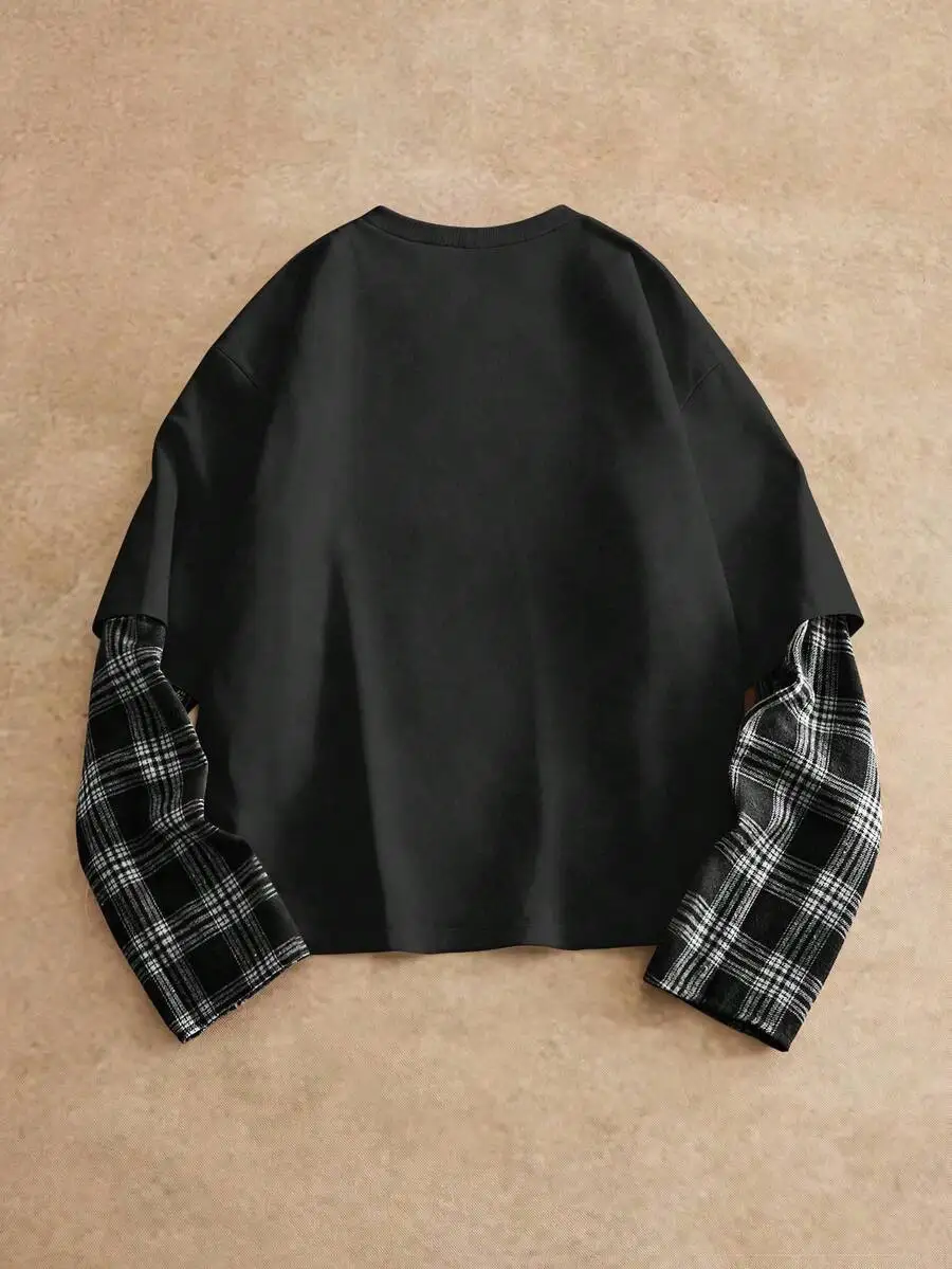 Mens 2 In 1 Layered Long Sleeve T-Shirt Black Plaid Sleeve Casual Shirt
Mens 2 In 1 Layered Long Sleeve T-Shirt Black Plaid Sleeve Casual Shirt