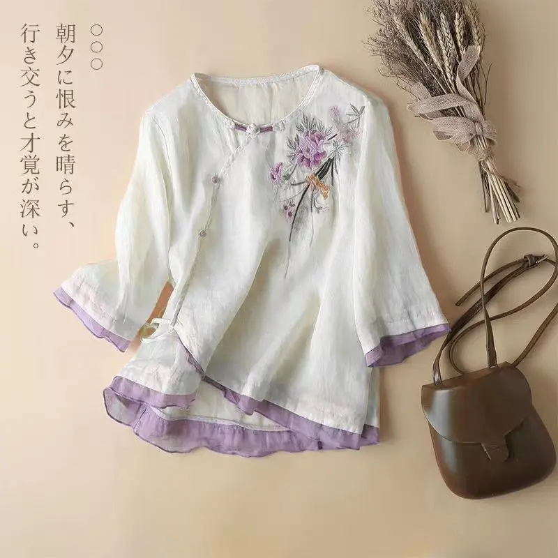 Women's 2026 Summer Cotton Linen Embroidered Seven-Point Sleeve Shirt, Ethnic Style Slant Placket Blouse
Women's 2026 Summer Cotton Linen Embroidered Seven-Point Sleeve Shirt, Ethnic Style Slant Placket Blouse