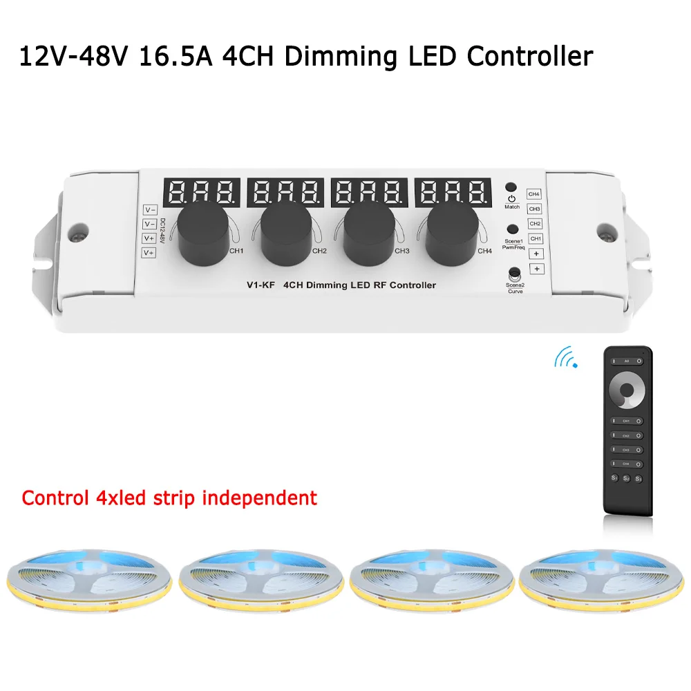 4-канальный RF LED контроллер с диммированием 12В-48В 16.5А, управление кнопкой-регулятором, пульт ДУ 2.4G, для светодиодной ленты COB 24В теплого белого света
4-канальный RF LED контроллер с диммированием 12В-48В 16.5А, управление кнопкой-регулятором, пульт ДУ 2.4G, для светодиодной ленты COB 24В теплого белого света
