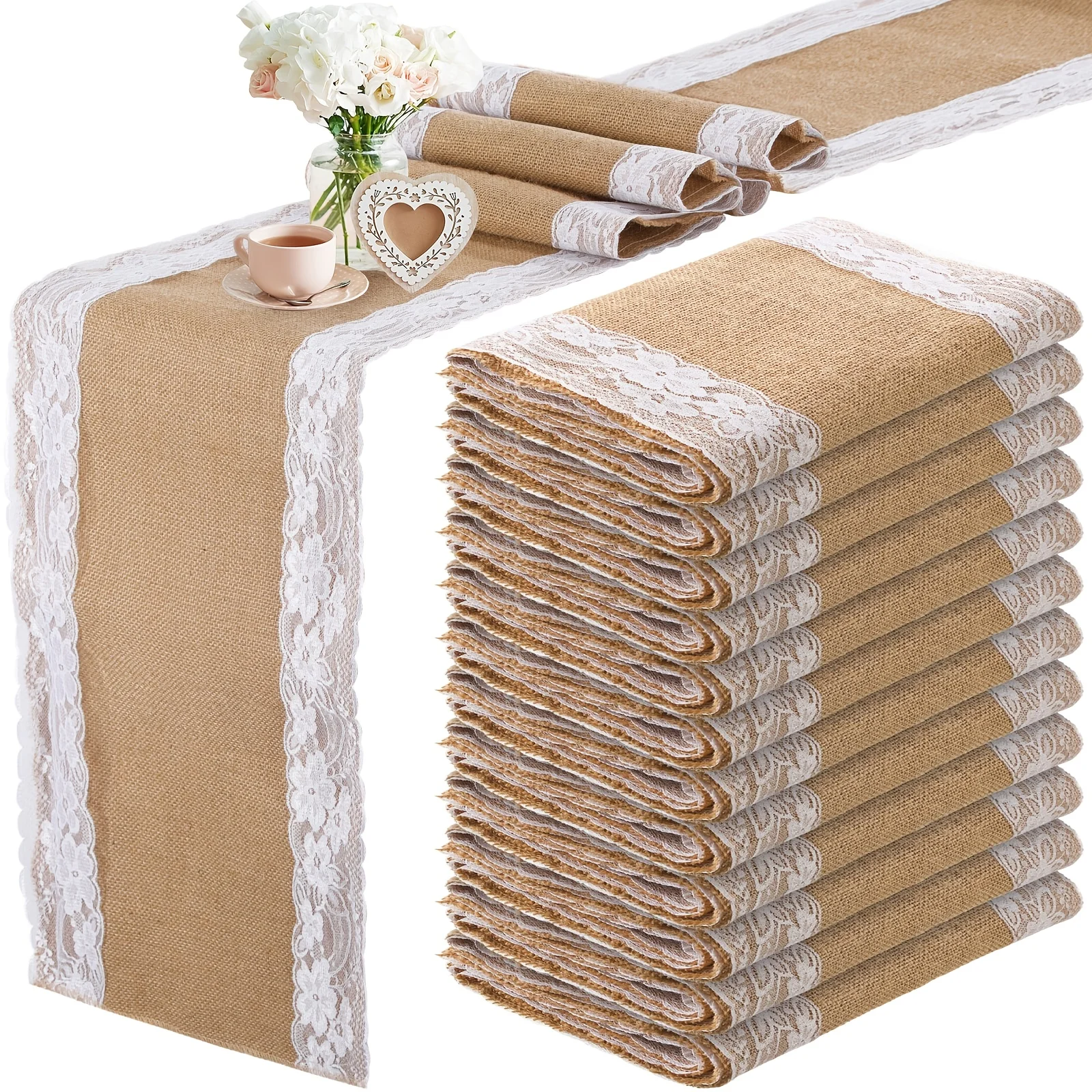 Of 12 Lace Burlap Table Runners Measuring 12 Inches by 72 Inches, Perfect for a Rustic Farmhouse Or Vintage-Themed Wedding, Birthday, Or Thanksgiving Celebration
Of 12 Lace Burlap Table Runners Measuring 12 Inches by 72 Inches, Perfect for a Rustic Farmhouse Or Vintage-Themed Wedding, Birthday, Or Thanksgiving Celebration