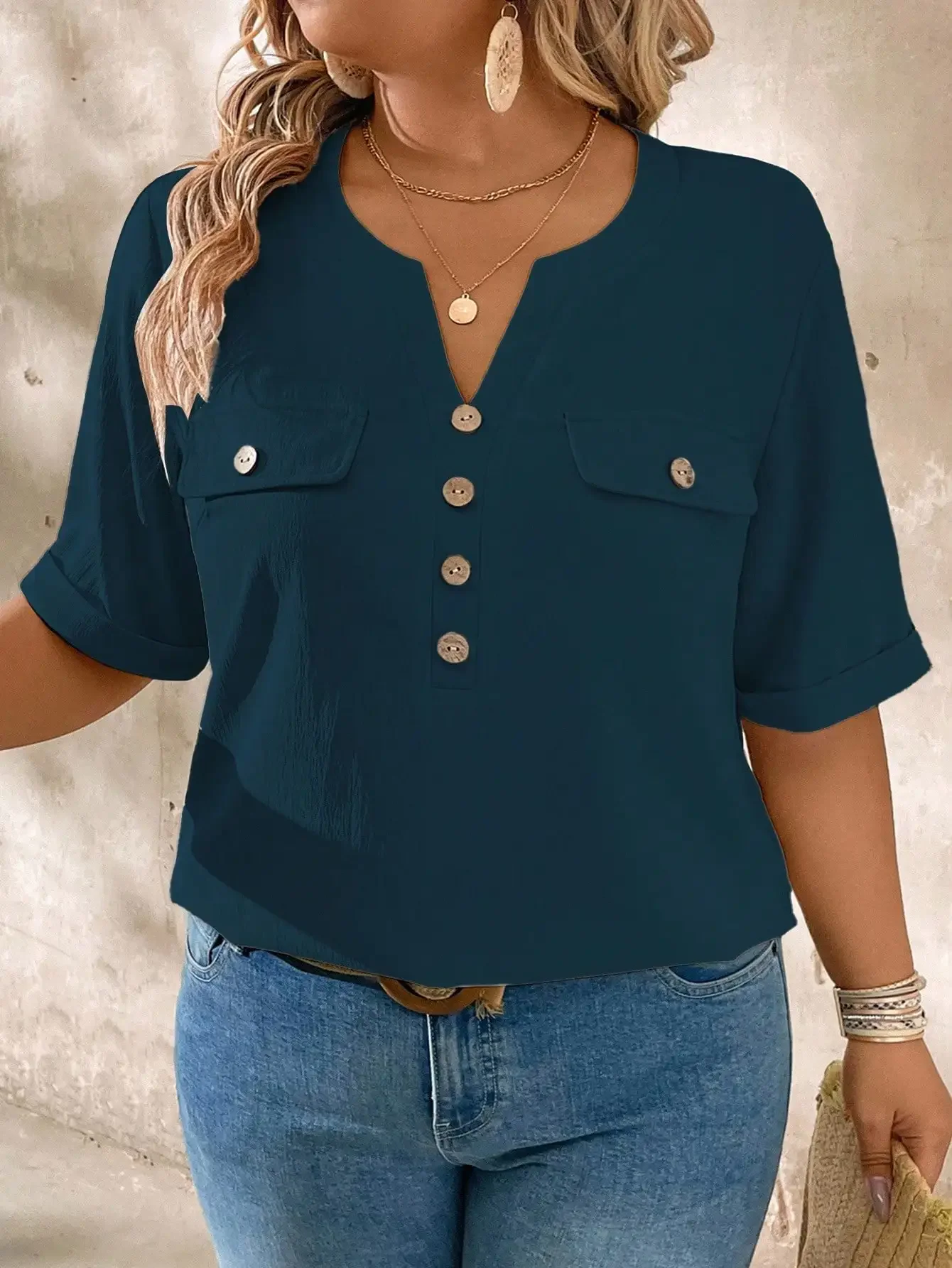 Casual V-Neck Short Sleeve Shirt With Wood Buttons
Casual V-Neck Short Sleeve Shirt With Wood Buttons