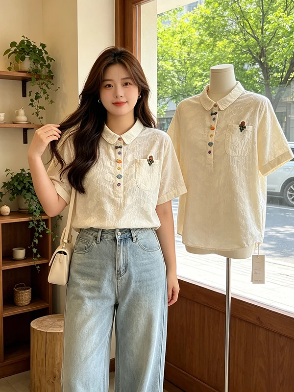 Slimming Effect Korean Style Short Sleeve Shirt with Button And Pocket Embroidery Small Collar Big Size Women's Summer New
Slimming Effect Korean Style Short Sleeve Shirt with Button And Pocket Embroidery Small Collar Big Size Women's Summer New