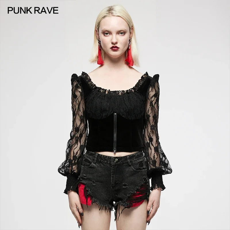 PUNK RAVE Women's Lolita Black Square-neck Elastic Velvet-paneled Long Sleeve Lace Top Gothic Daily Wood Ear Edges Elegant Shirt
PUNK RAVE Women's Lolita Black Square-neck Elastic Velvet-paneled Long Sleeve Lace Top Gothic Daily Wood Ear Edges Elegant Shirt