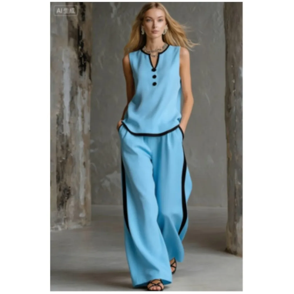 Summer Fashion Splicing Black Striped Sleeveless Women Trousers 2-piece Set Office Slimming Pocket Wide-leg Trousers Suit Female
Summer Fashion Splicing Black Striped Sleeveless Women Trousers 2-piece Set Office Slimming Pocket Wide-leg Trousers Suit Female