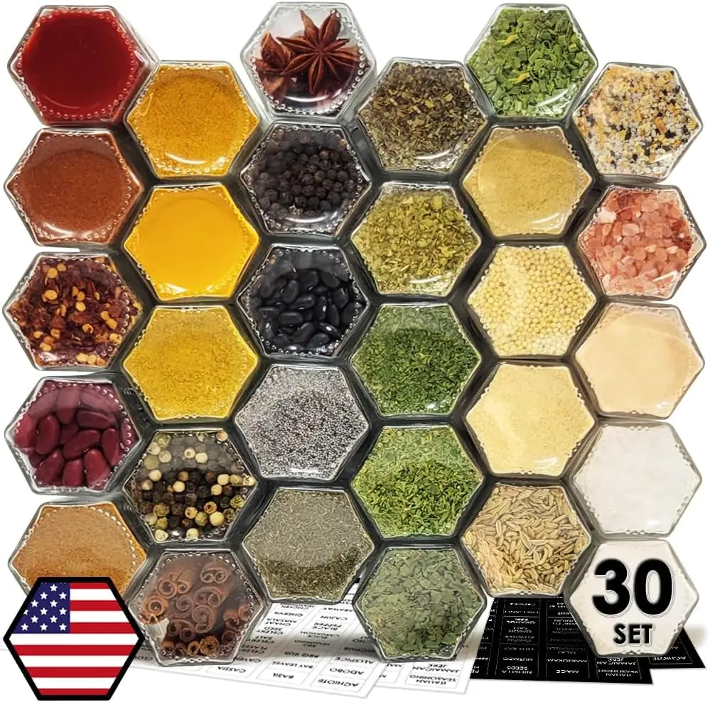 30-Pack Magnetic Hexagon Glass Spice Jars with Labels & Shakers for Fridge Cabinet Wall Mount
30-Pack Magnetic Hexagon Glass Spice Jars with Labels & Shakers for Fridge Cabinet Wall Mount