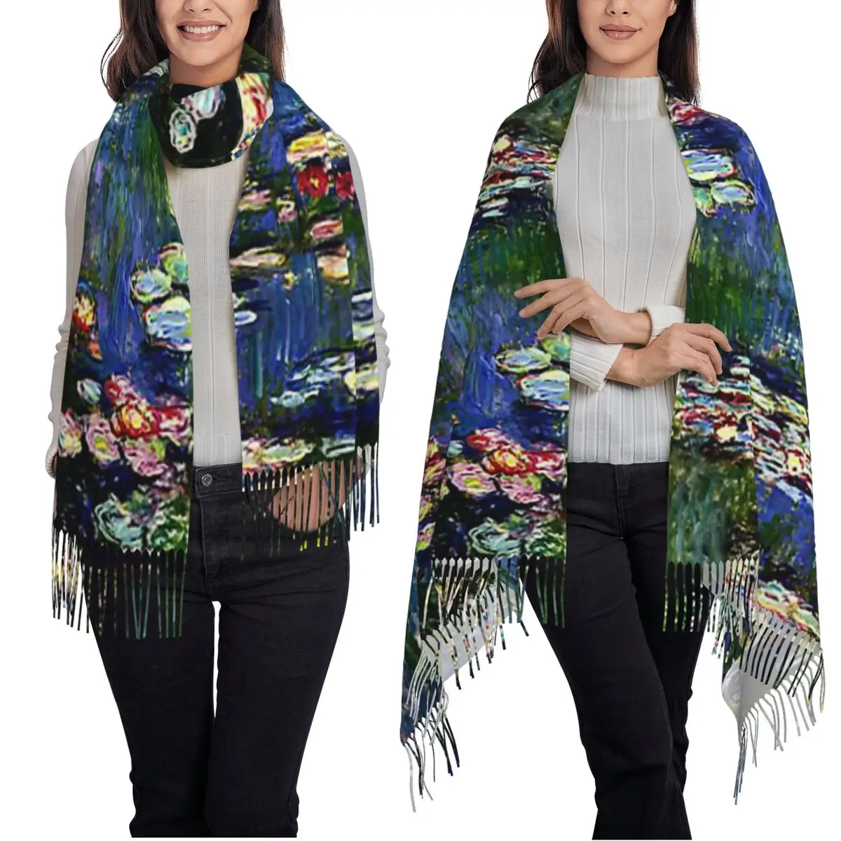 Женский длинный шарф с водяными лилиями Claude Monet, шарфы с кисточками для женщин, мягкие теплые шали и накидки, большая осенне-зимняя шаль 
Женский длинный шарф с водяными лилиями Claude Monet, шарфы с кисточками для женщин, мягкие теплые шали и накидки, большая осенне-зимняя шаль