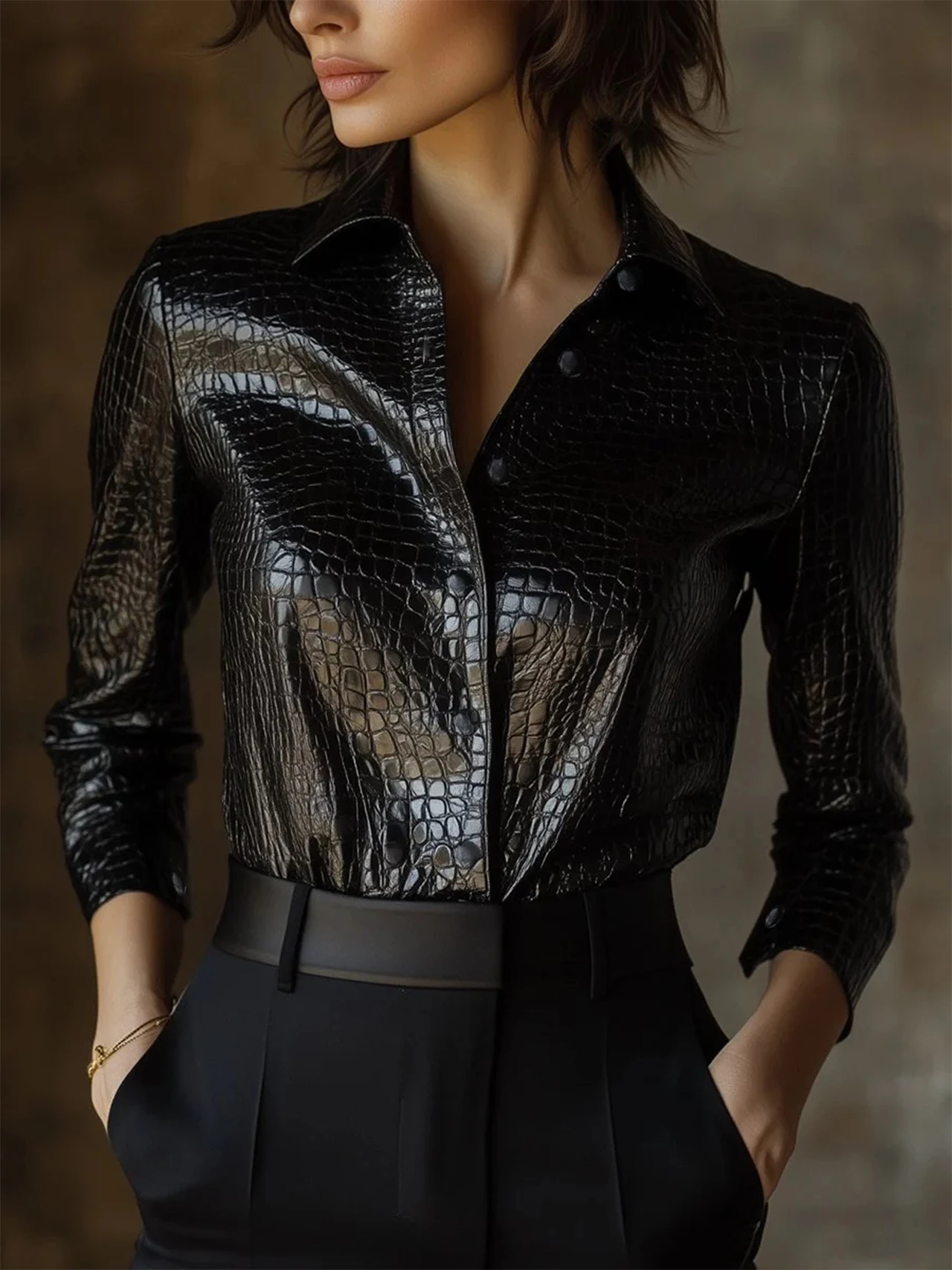 Autumn Winter PU Leather Blouse Women Snake Skin Pattern Turn-down Collar Slim Long Sleeve Black Shirt Tops OL Work Wear 64092
Autumn Winter PU Leather Blouse Women Snake Skin Pattern Turn-down Collar Slim Long Sleeve Black Shirt Tops OL Work Wear 64092