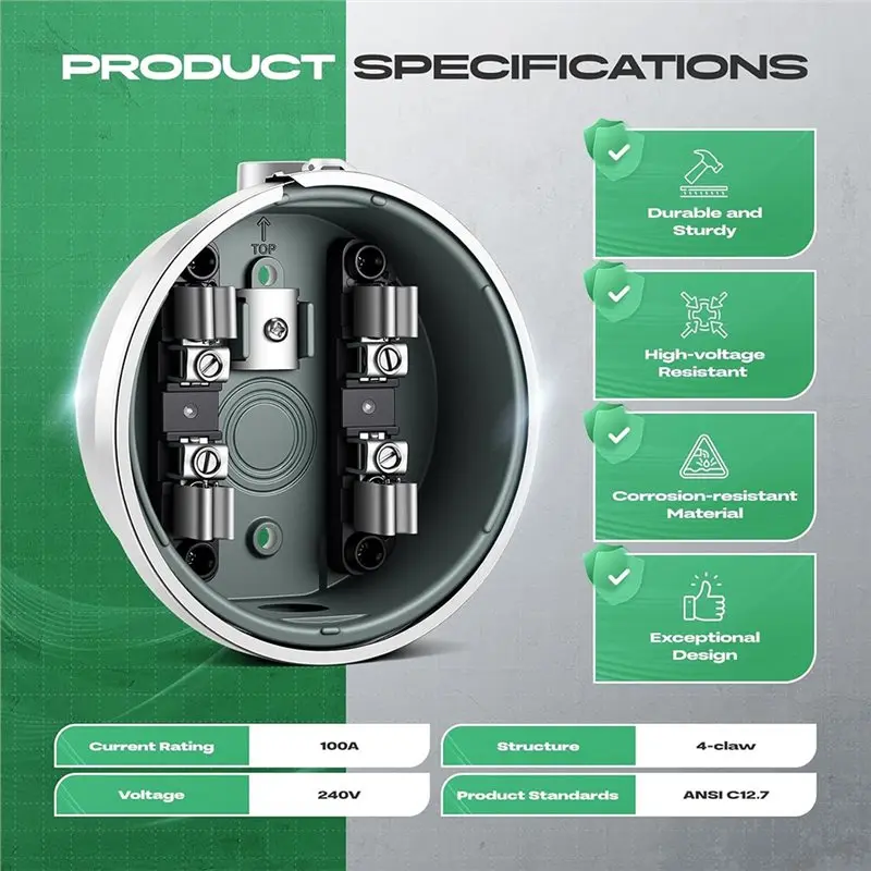 Premium-Meter Socket 100A,4-Jaw Meter Base Meter Socket 240V Single Phase 3-Wire With Horn For Overhead Or Underground
Premium-Meter Socket 100A,4-Jaw Meter Base Meter Socket 240V Single Phase 3-Wire With Horn For Overhead Or Underground