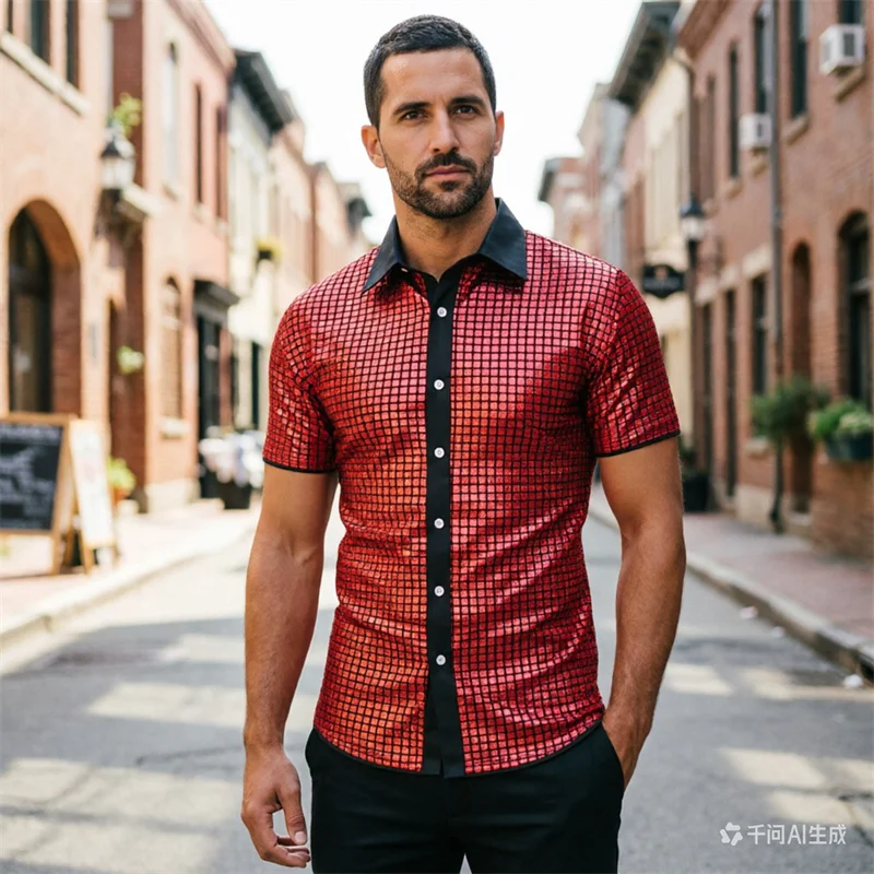 Summer New Men's Short Sleeved Sequined Shirt, Fashionable Men's Dance Party Bar KTV Luxurious Red Casual Glossy Shirt
Summer New Men's Short Sleeved Sequined Shirt, Fashionable Men's Dance Party Bar KTV Luxurious Red Casual Glossy Shirt