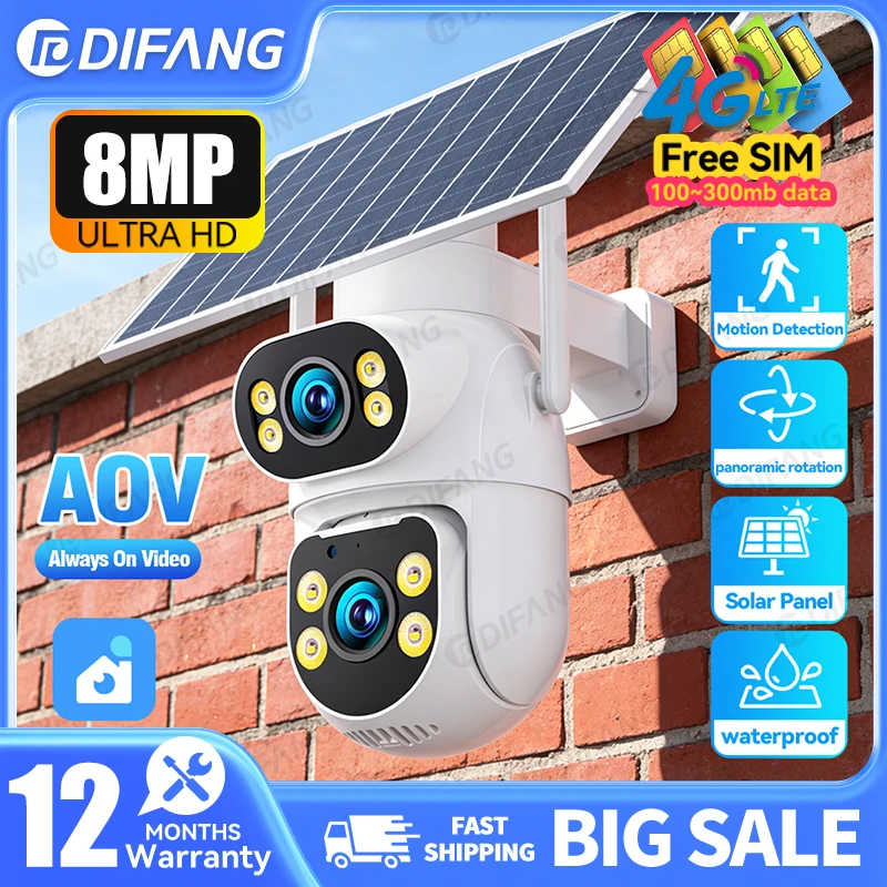 8MP 4G Solar AOV Security Camera Dual Lens 2 Screens Low-power Wireless IP camera Outdoor PTZ Human Detection Auto Tracking CCTV
8MP 4G Solar AOV Security Camera Dual Lens 2 Screens Low-power Wireless IP camera Outdoor PTZ Human Detection Auto Tracking CCTV