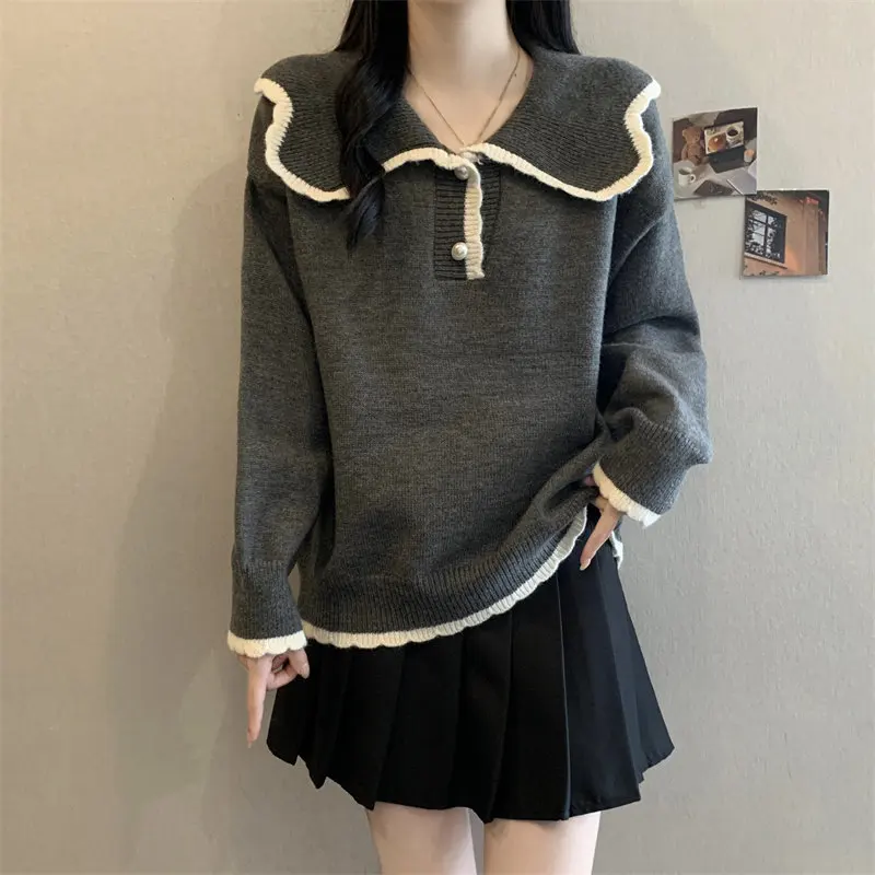 Splicing Navy Collar Babydoll 2026 Spring New Long Sleeve Button Knitted Pullover Oversized Slim-looking Grey Commuter Tops
Splicing Navy Collar Babydoll 2026 Spring New Long Sleeve Button Knitted Pullover Oversized Slim-looking Grey Commuter Tops