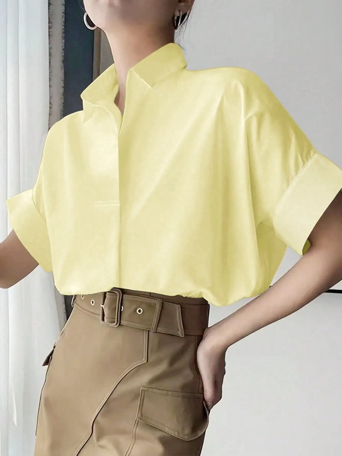 Women's Light Yellow Loose Fit Short Sleeve Shirt - Elegant Stand Collar Drop Shoulder Casual Blouse for Office Work, Daily Wear
Women's Light Yellow Loose Fit Short Sleeve Shirt - Elegant Stand Collar Drop Shoulder Casual Blouse for Office Work, Daily Wear