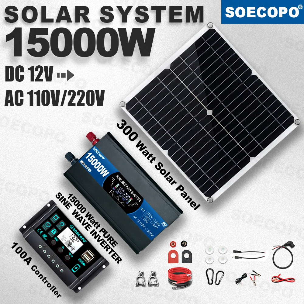 SOECOPO Pure Sine Wave Inverter 15000W Solar System Kit 300W Panel 100A Controller 12V 110V 220V Generator for Home off grid
SOECOPO Pure Sine Wave Inverter 15000W Solar System Kit 300W Panel 100A Controller 12V 110V 220V Generator for Home off grid