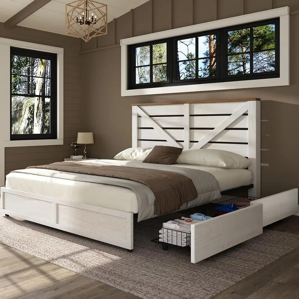 Queen Size Farmhouse Bed Frame with 4 Drawers, Wooden Storage Bed Frame with Headboard and Heavy Duty Metal Slats, Noisy Free,
Queen Size Farmhouse Bed Frame with 4 Drawers, Wooden Storage Bed Frame with Headboard and Heavy Duty Metal Slats, Noisy Free,
