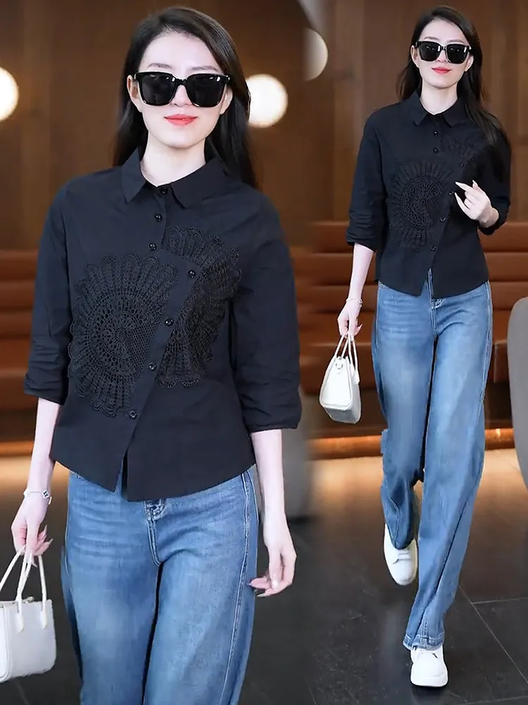 2026 New Summer Lace Splice Loose Slimming Shirt Women's Collar Button up Half Sleeve Open Cardigan Style Commute Fashion
2026 New Summer Lace Splice Loose Slimming Shirt Women's Collar Button up Half Sleeve Open Cardigan Style Commute Fashion