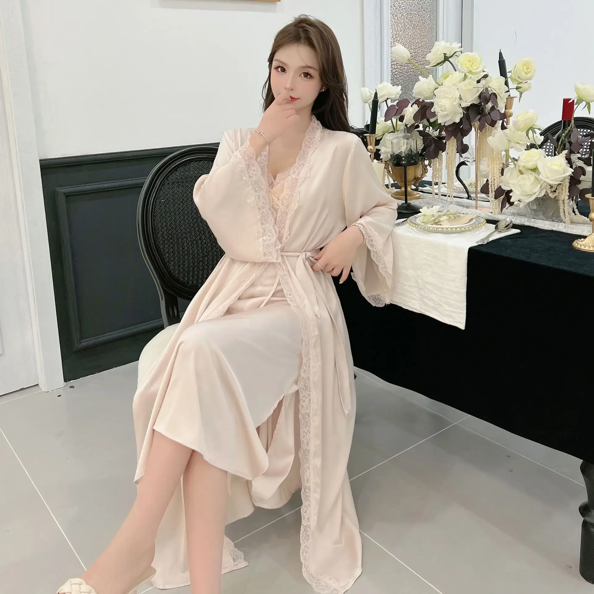 Women's Spring Night Gown 2 Pieces Set Silk Like Long Sleeve Ladies Sexy Dressing Gown Lace Patchwork Satin Bathrobe for Female
Women's Spring Night Gown 2 Pieces Set Silk Like Long Sleeve Ladies Sexy Dressing Gown Lace Patchwork Satin Bathrobe for Female