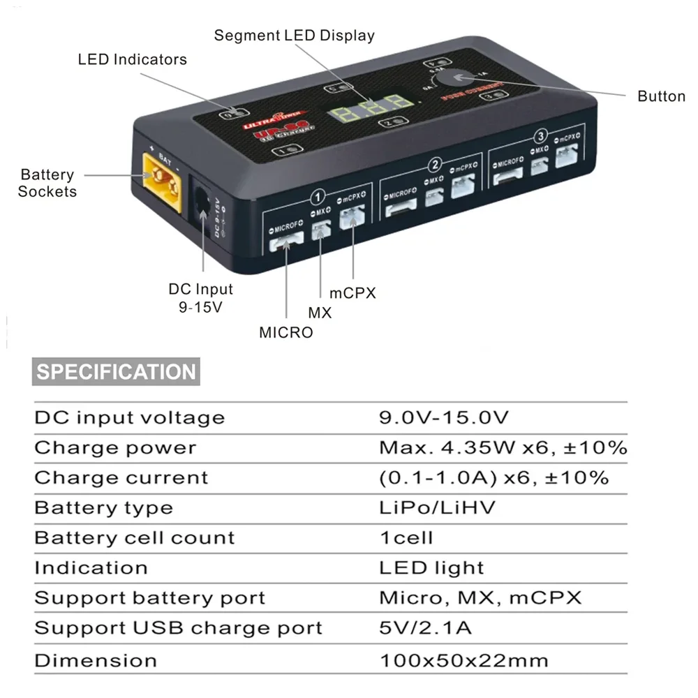 Зарядное устройство Ultra Power UP-S6 3,7 В 1S Lipo LiHv с портом MICRO MX mCPX USB для лезвия индуктивности RC Racing Drone Quadcopter
Зарядное устройство Ultra Power UP-S6 3,7 В 1S Lipo LiHv с портом MICRO MX mCPX USB для лезвия индуктивности RC Racing Drone Quadcopter