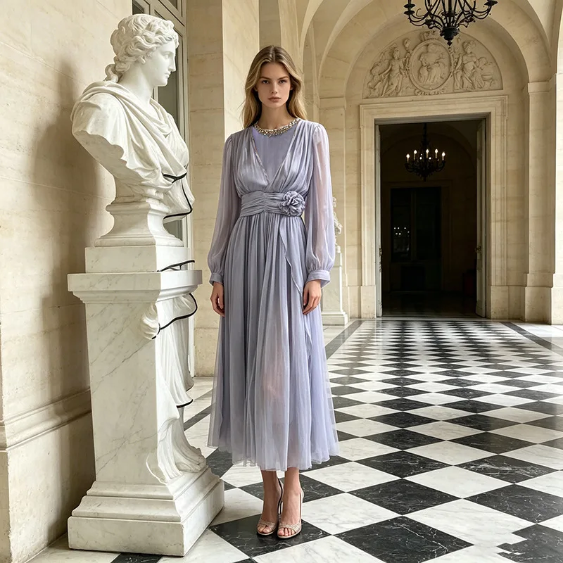 Elegant Solid 3D Floral Decoration Long Dress Round Neck Lantern Sleeve Waist-Cinching Dresses Fashionable Casual Spring Gowns
Elegant Solid 3D Floral Decoration Long Dress Round Neck Lantern Sleeve Waist-Cinching Dresses Fashionable Casual Spring Gowns