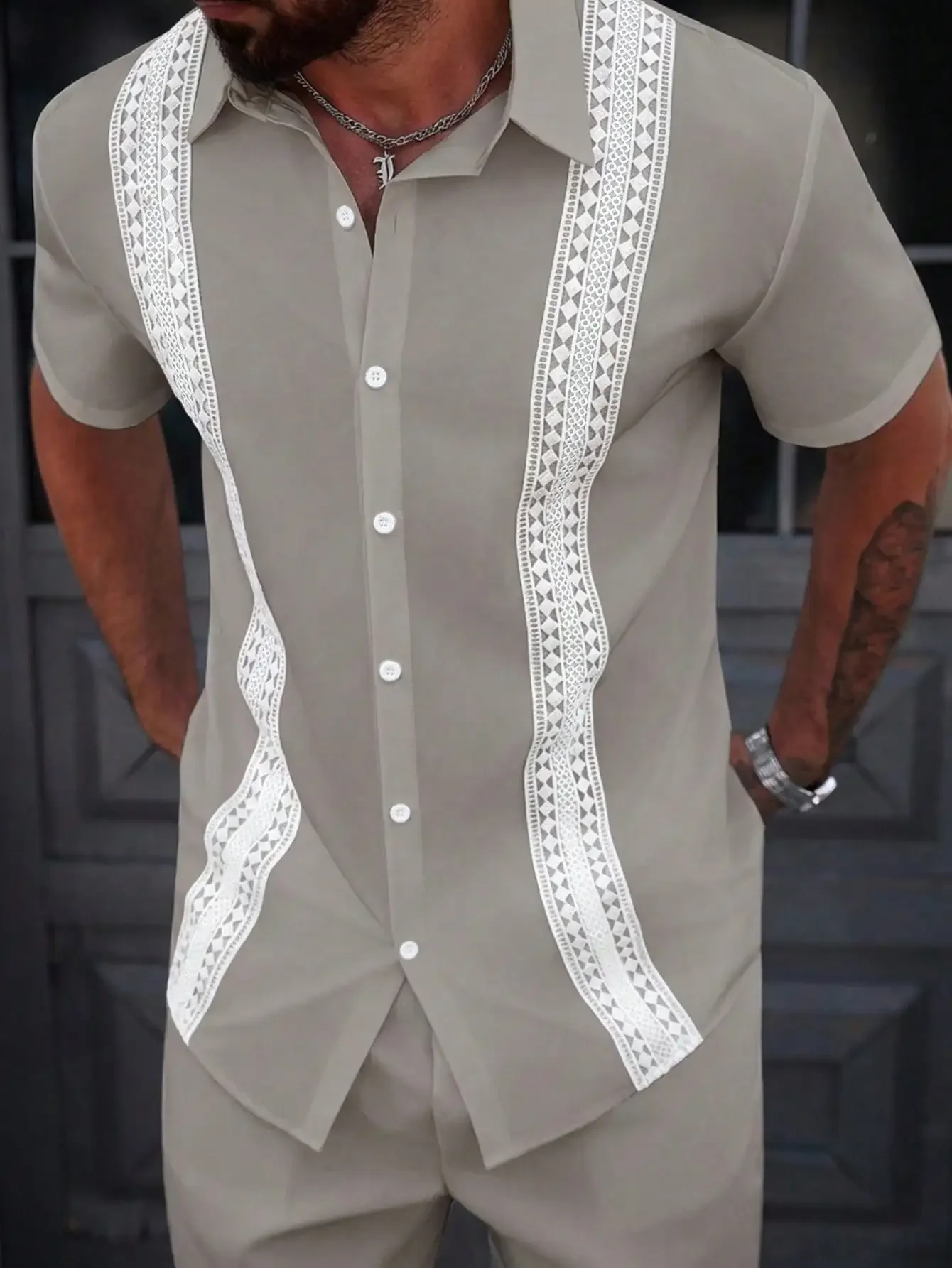 Mens Short Sleeve Casual Shirt With Embroidered Trim
Mens Short Sleeve Casual Shirt With Embroidered Trim