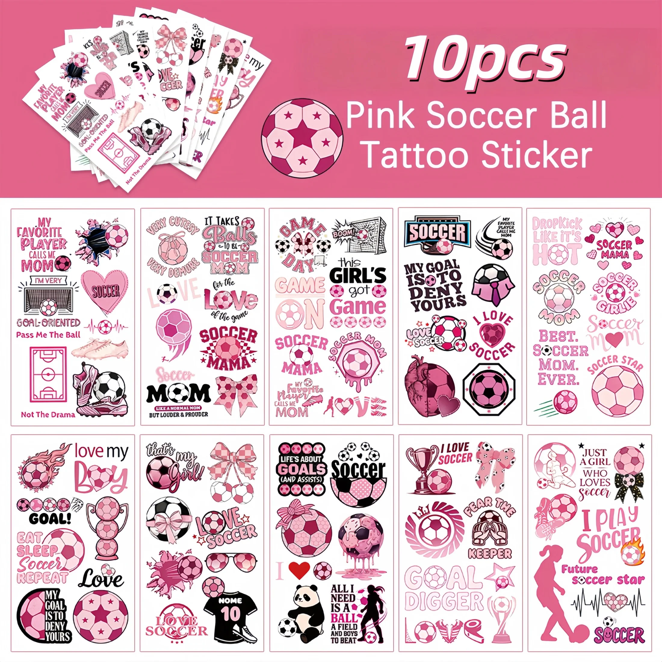 10 Pink Temporary Football Tattoo Stickers with "Goal!" and "Love" Themed Designs, Suitable for Sports Party Decorations, Team Spirit Gifts, Mvp Awards, and Game Day Accessories
10 Pink Temporary Football Tattoo Stickers with "Goal!" and "Love" Themed Designs, Suitable for Sports Party Decorations, Team Spirit Gifts, Mvp Awards, and Game Day Accessories