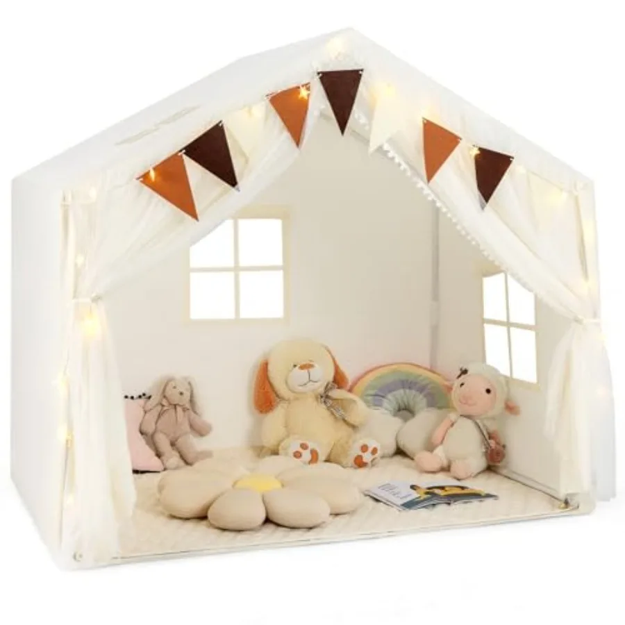Play Tent for indoor outdoor use, cotton fabric in plaid pattern with star light windows, pink and white color, washable mat in
Play Tent for indoor outdoor use, cotton fabric in plaid pattern with star light windows, pink and white color, washable mat in